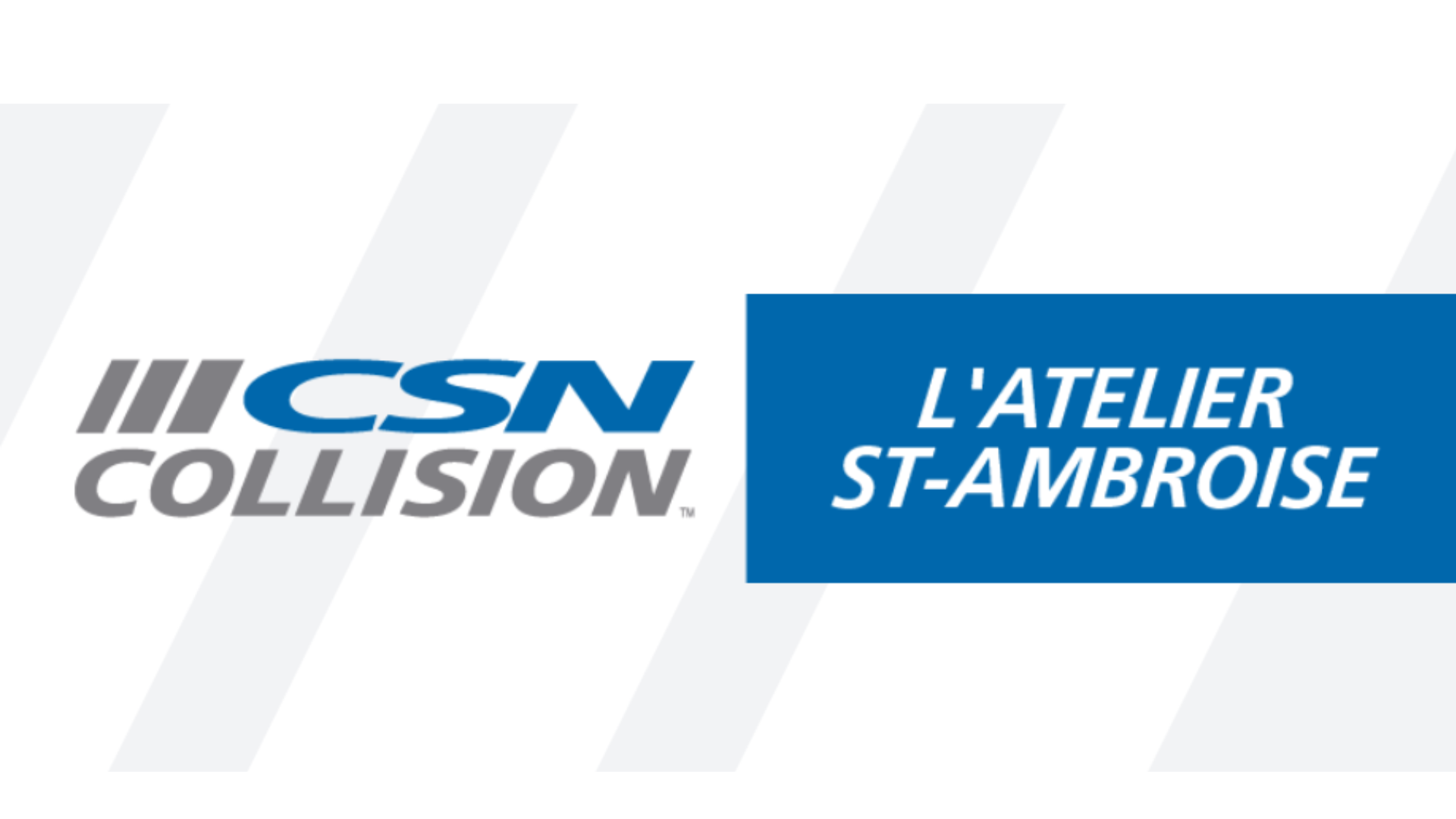 CSN Collision and L'Atelier St-Ambroise logo with blue and gray geometric design
