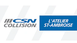 CSN Collision and L'Atelier St-Ambroise logo with blue and gray geometric design