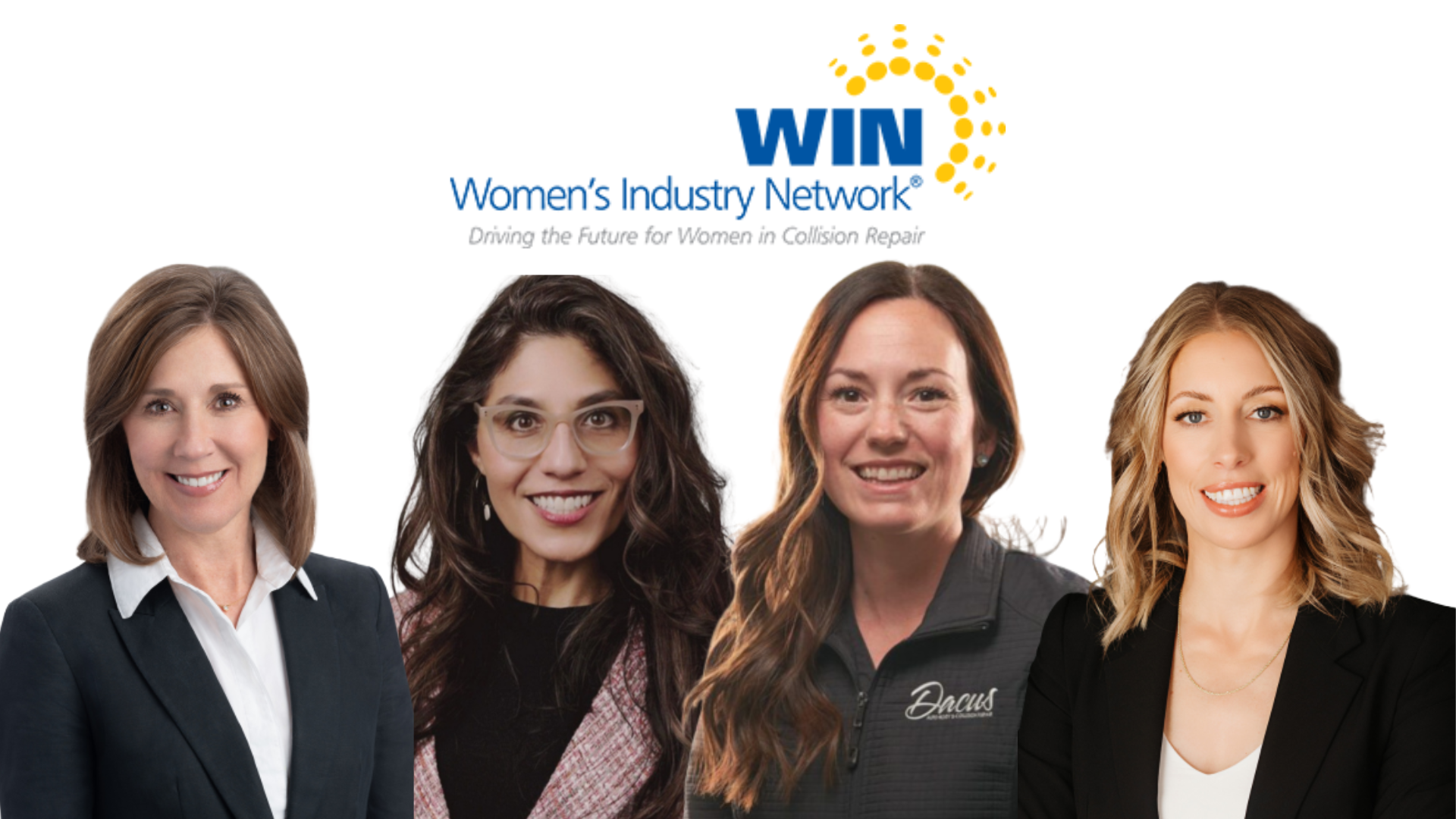 WIN Women's Industry Network logo with four professional women in business attire representing the collision repair industry