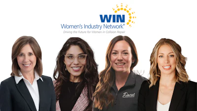 WIN Women's Industry Network logo with four professional women in business attire representing the collision repair industry