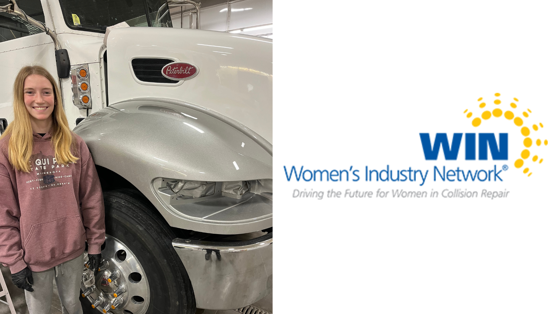 WIN Women's Industry Network logo with sun burst design and tagline for collision repair