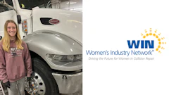 WIN Women's Industry Network logo with sun burst design and tagline for collision repair