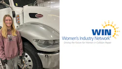 WIN Women's Industry Network logo with sun burst design and tagline for collision repair
