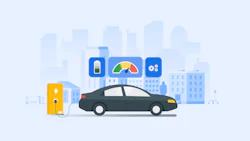 Electric vehicle charging at a station with battery, performance gauge, and settings icons displayed above in an urban cityscape.