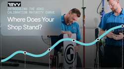 Two technicians in blue uniforms examine automotive wheel alignment equipment with REVV ADA calibration maturity curve promotional messaging