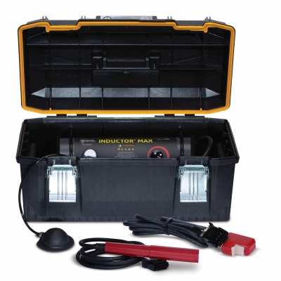 Orange and black automotive induction heating tool kit with cables, clamps, and accessories displayed