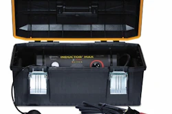 Orange and black automotive induction heating tool kit with cables, clamps, and accessories displayed