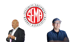 SEMA Specialty Equipment Market Association circular logo in red and white with two professionals at industry event