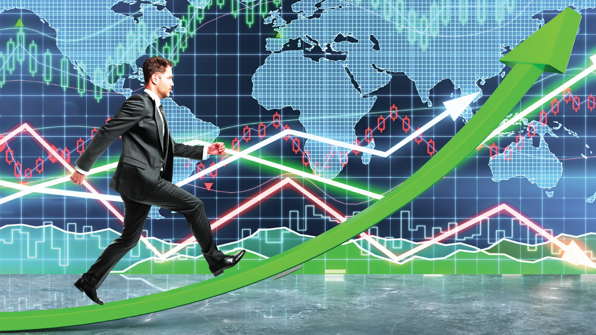 Businessman climbing upward on a glowing green arrow with global financial charts and world map in background