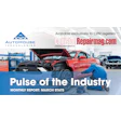 AutoHouse Technologies logo with red Mustang undergoing collision repair in professional shop setting