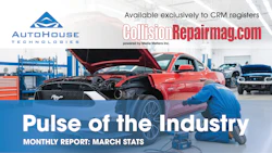 AutoHouse Technologies logo with red Mustang undergoing collision repair in professional shop setting