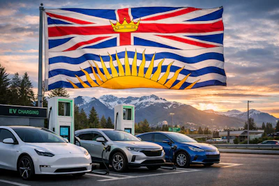 British Columbia flag flying above electric vehicles charging at a station with snow-capped mountains at sunset