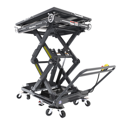 Black mobile scissor lift table with yellow accents, extended platform, and caster wheels for industrial material handling