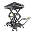 Black mobile scissor lift table with yellow accents, extended platform, and caster wheels for industrial material handling
