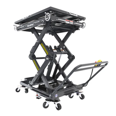 Black mobile scissor lift table with yellow accents, extended platform, and caster wheels for industrial material handling