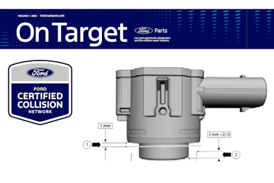Ford Certified Collision Network badge with technical diagram of automotive transmission component showing dimensional measurements and numbered reference points