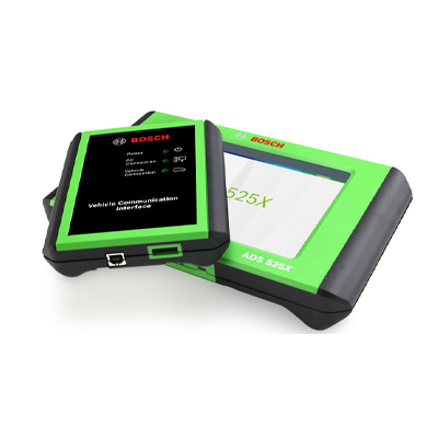 BOSCH diagnostic scanning tool with green and black casing, dual screens displaying vehicle data