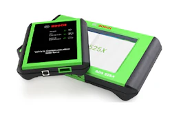 BOSCH diagnostic scanning tool with green and black casing, dual screens displaying vehicle data