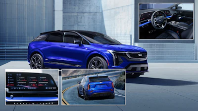Blue Cadillac Lyriq electric SUV shown from multiple angles with interior dashboard and on-road driving views