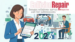 Collision Repair Magazine 2026 insurer relations survey announcement featuring professional woman with clipboard and office workplace illustration