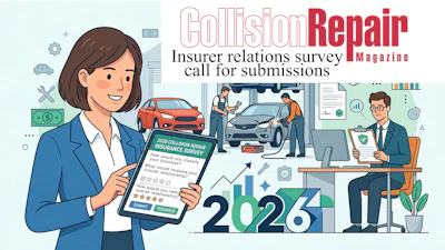 Collision Repair Magazine 2026 insurer relations survey announcement featuring professional woman with clipboard and office workplace illustration