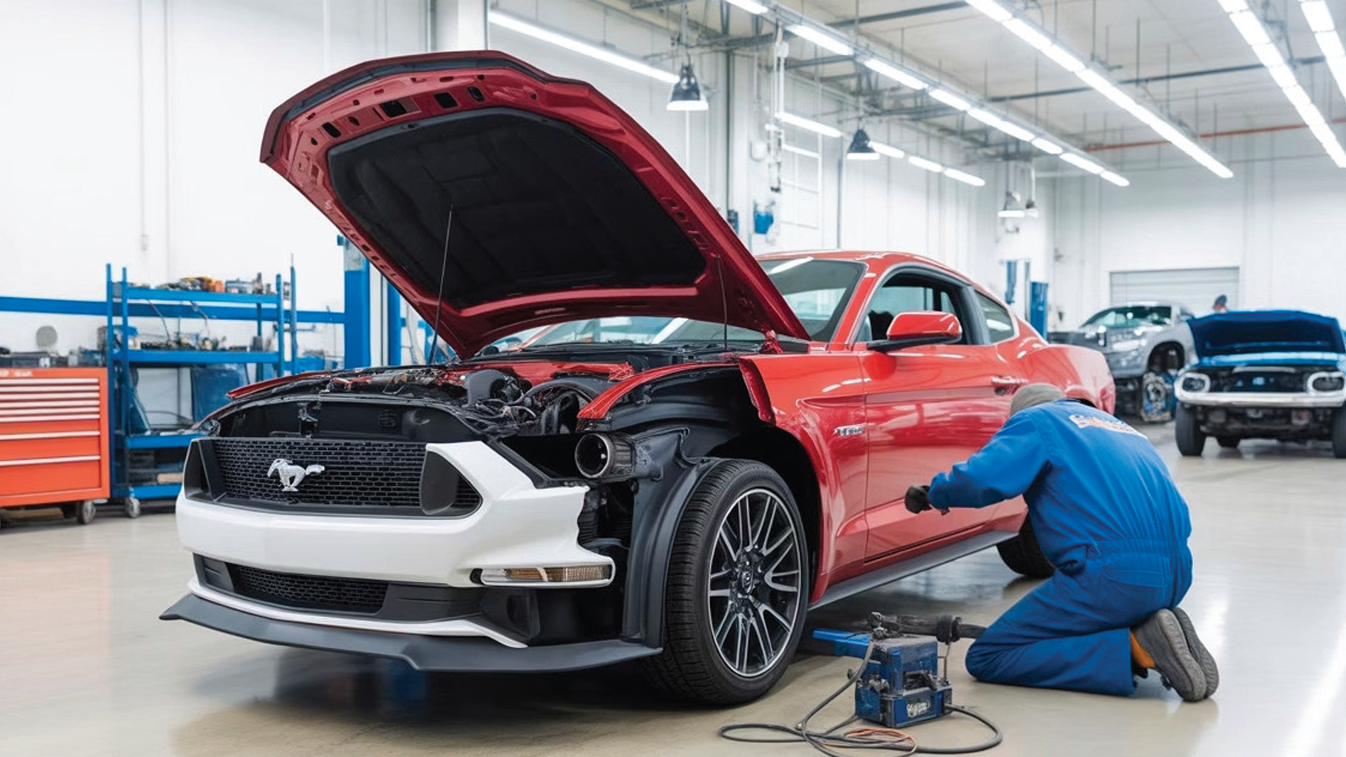 Mechanic in blue uniform servicing red Ford Mustang with open hood in modern automotive service facility