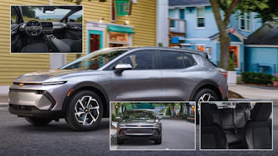Chevrolet electric SUV displayed from multiple angles showing silver exterior, modern dashboard, and black interior seating in residential neighborhood setting.