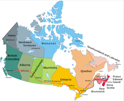 Map of Canada showing provinces and territories with color-coded regions and city labels