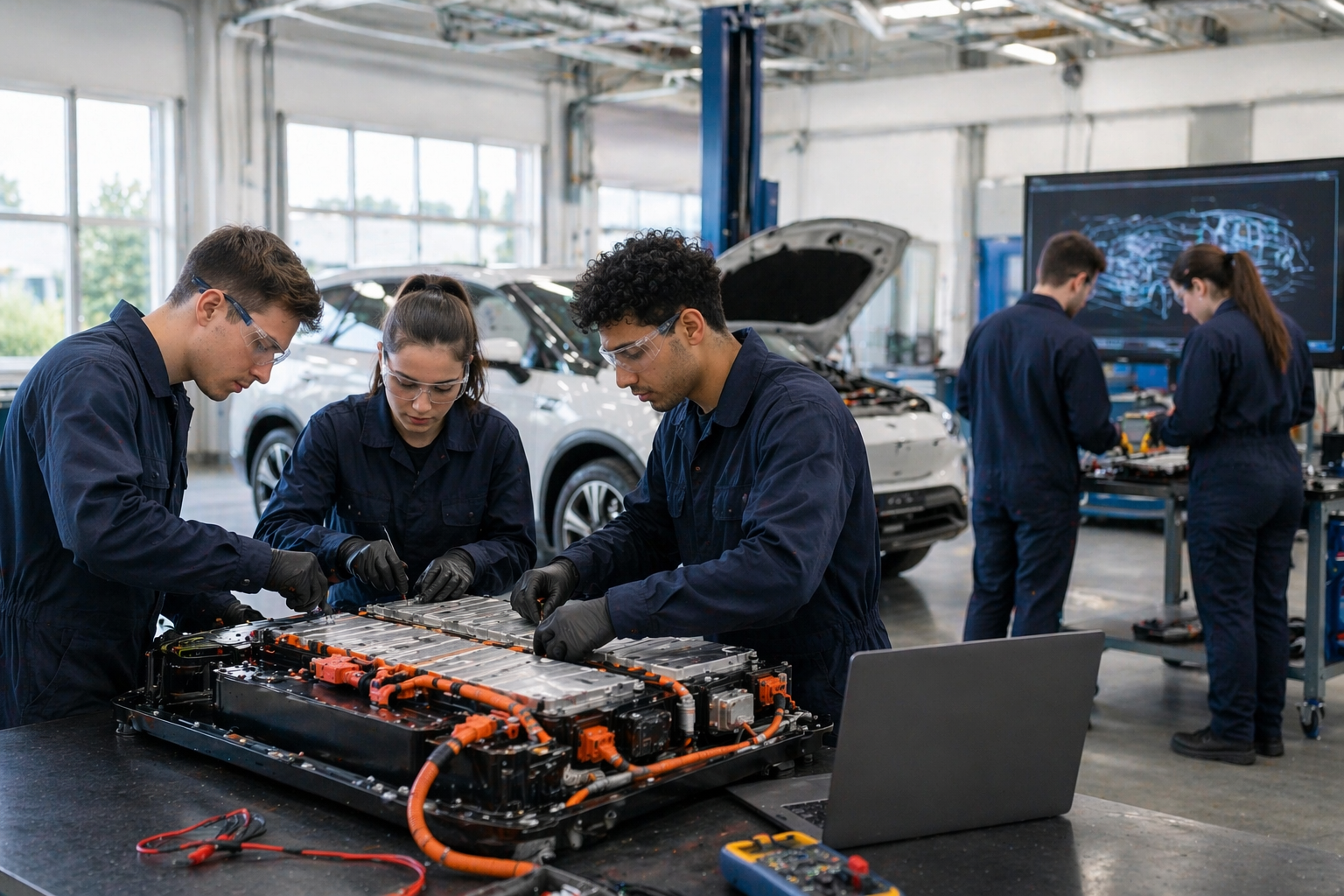 Automotive technicians inspect an electric vehicle battery pack in a repair facility workshop.