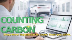 Man reviewing carbon accounting data on laptop in automotive facility with 'Counting Carbon' messaging overlay