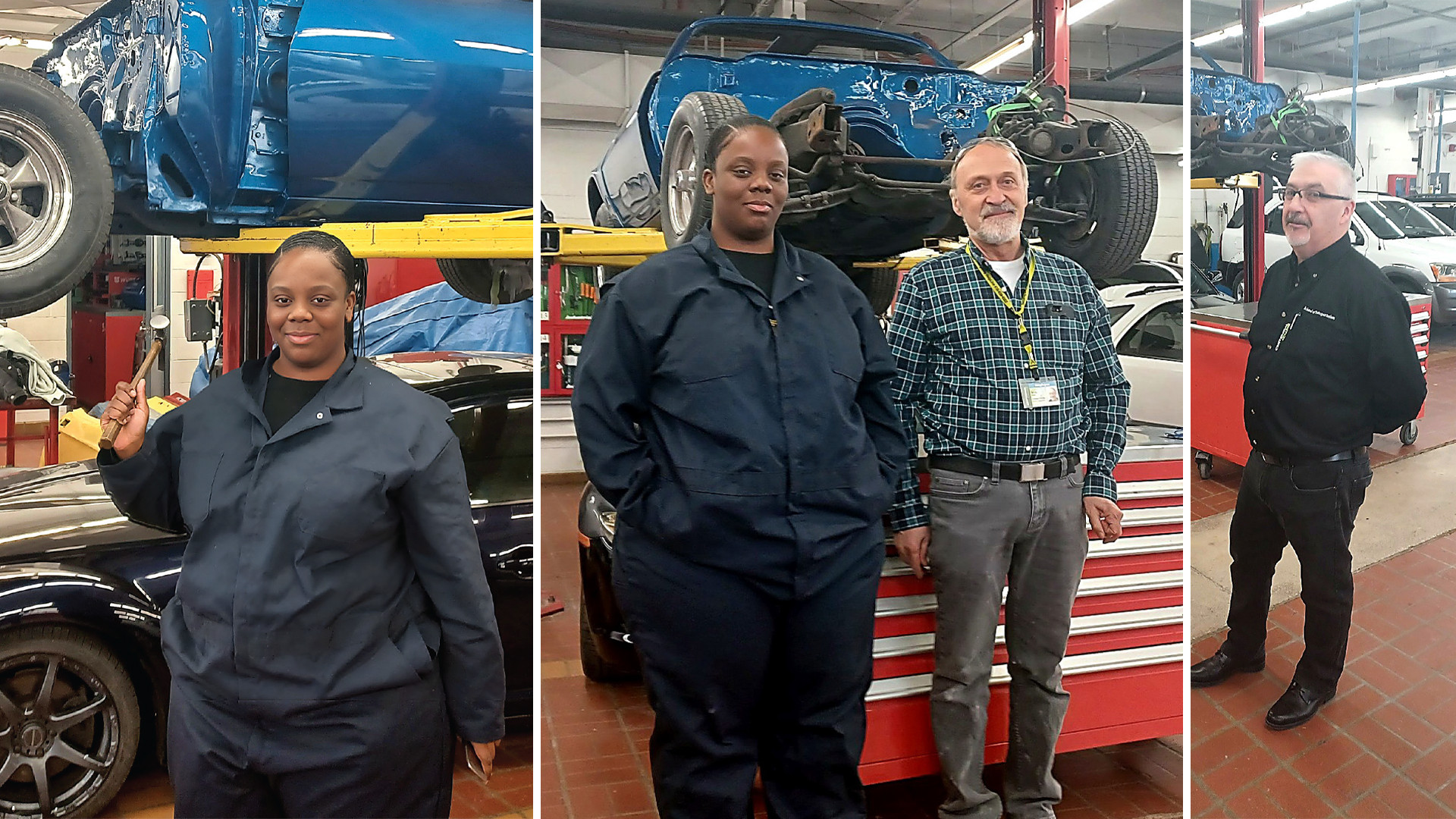 Four automotive technicians posing in a professional repair shop with vehicles and equipment in background