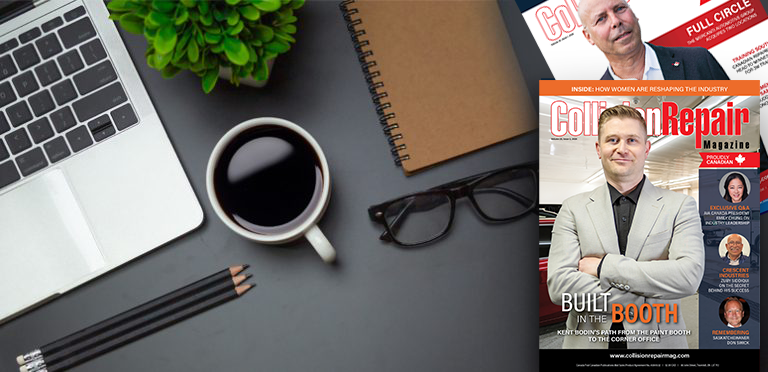 Professional desk workspace with laptop, coffee, notebook, and GO Repair magazine featuring industry professionals and booth building content