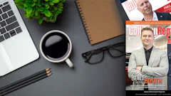 Professional desk workspace with laptop, coffee, notebook, and GO Repair magazine featuring industry professionals and booth building content