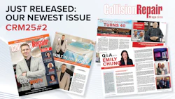 Collision Repair Magazine issue CRM25#2 cover and interior spread featuring Crescent Industries' 40th anniversary and Q&A with Emily Chung