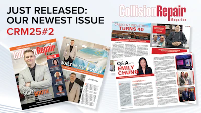 Collision Repair Magazine issue CRM25#2 cover and interior spread featuring Crescent Industries' 40th anniversary and Q&A with Emily Chung