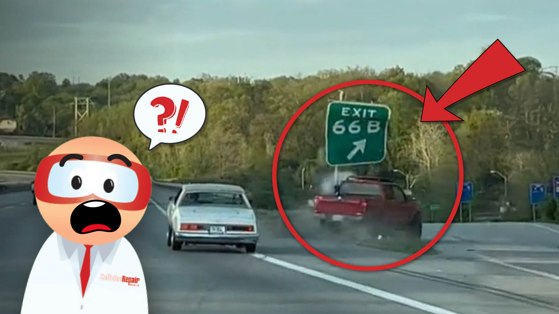 Highway scene with animated character reacting to Exit 66B sign with red arrow and circle highlight