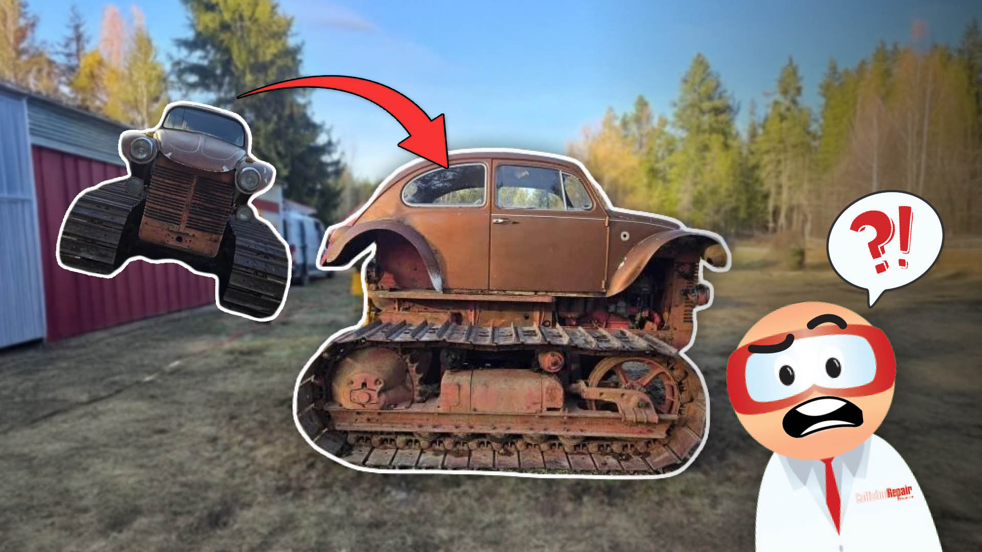 Rusted Volkswagen Beetle with tank treads in forest setting, cartoon character reacting with confusion