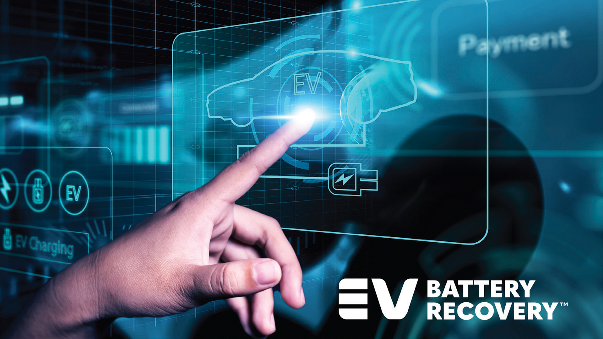 Hand touching digital EV charging interface with EV Battery Recovery logo displayed on futuristic tech background