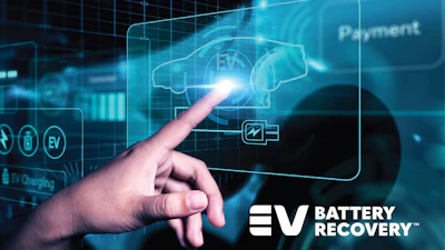 Hand touching digital EV charging interface with EV Battery Recovery logo displayed on futuristic tech background