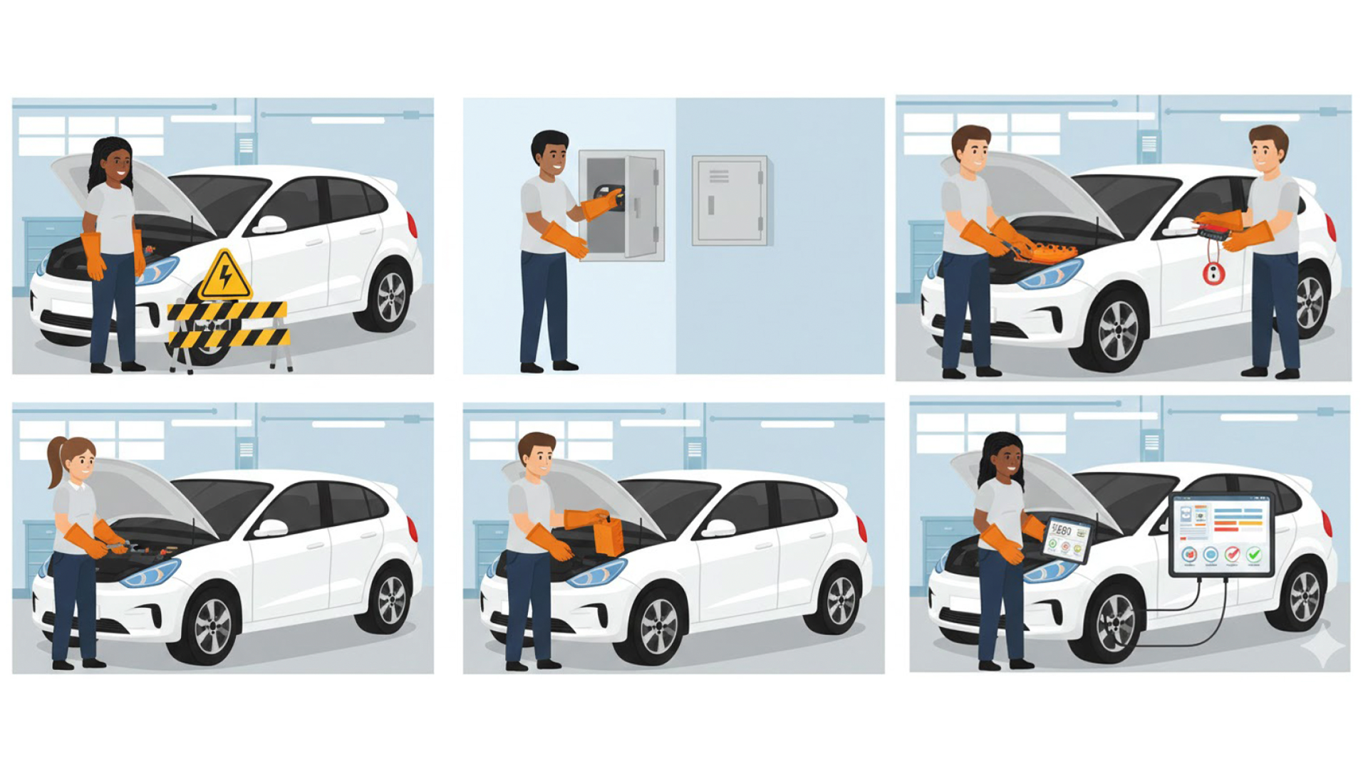 Six illustrated scenarios of car maintenance including engine inspection, electrical diagnostics, mechanical repair, and digital vehicle scanning by technicians.