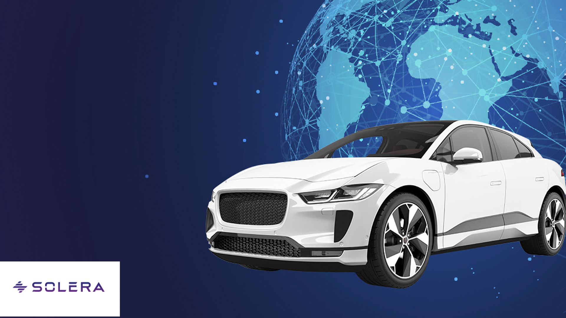 White electric SUV with Solera logo on digital globe background representing global connectivity