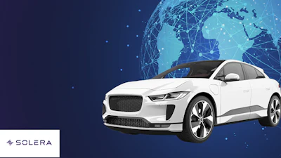 White electric SUV with Solera logo on digital globe background representing global connectivity