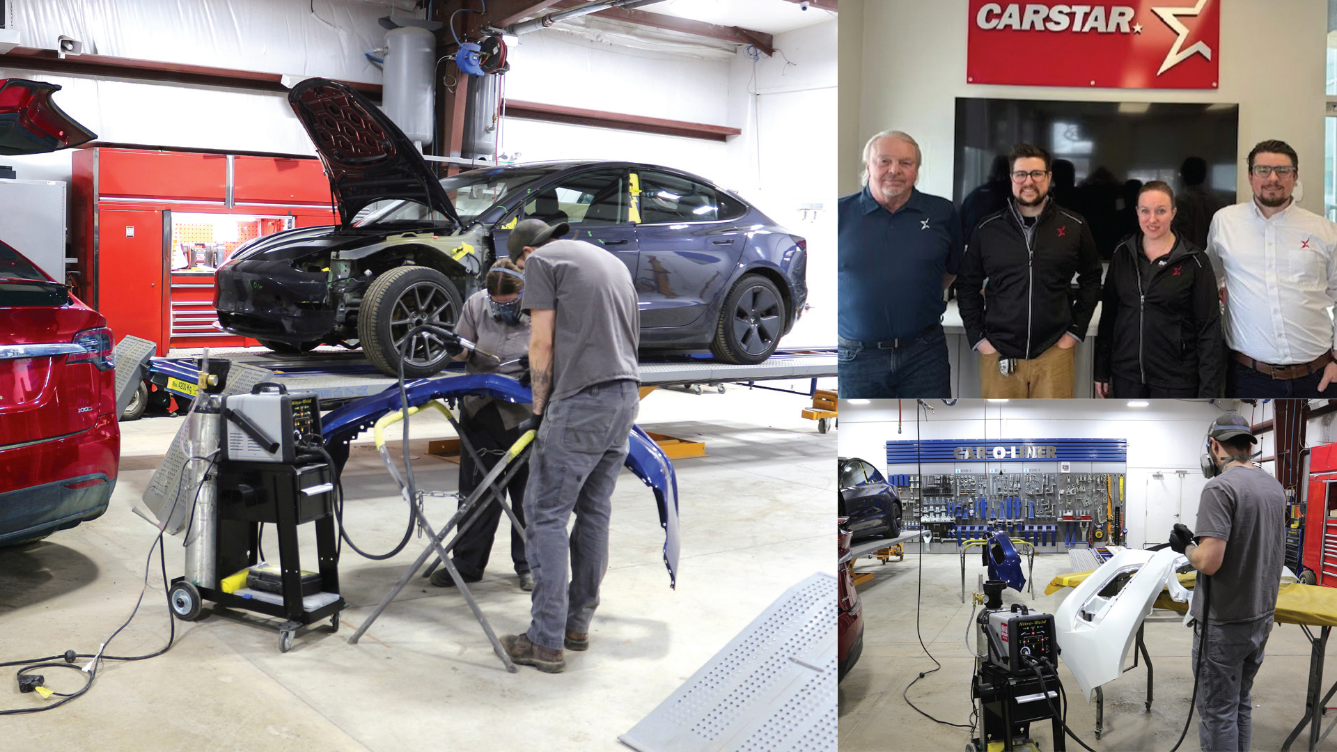 Automotive repair shop technicians performing vehicle diagnostics and maintenance with CARSTAR branding visible in workshop setting