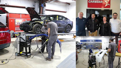 Automotive repair shop technicians performing vehicle diagnostics and maintenance with CARSTAR branding visible in workshop setting