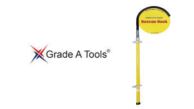 Grade A Tools logo with red and blue star symbol next to yellow high-voltage rescue hook