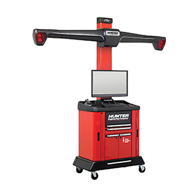 Red and black Hunter wheel alignment machine with monitor, measurement arms, and rolling cabinet base