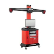 Red and black Hunter wheel alignment machine with monitor, measurement arms, and rolling cabinet base