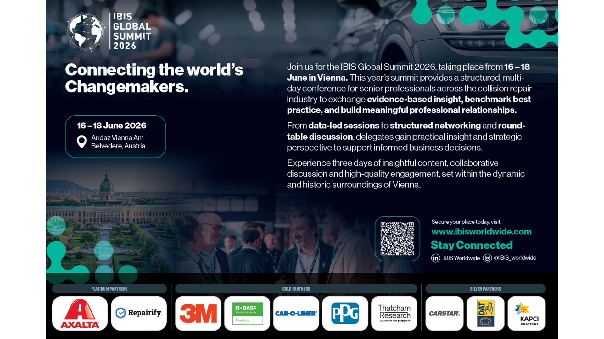 IBIS Global Summit 2026 promotional poster featuring event details for June 16-18 in Vienna with partner logos