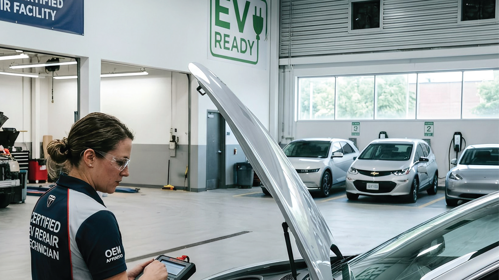 Certified EV repair technician inspecting electric vehicle in modern charging facility