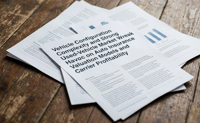 Business documents with vehicle configuration and insurance information spread on wooden surface